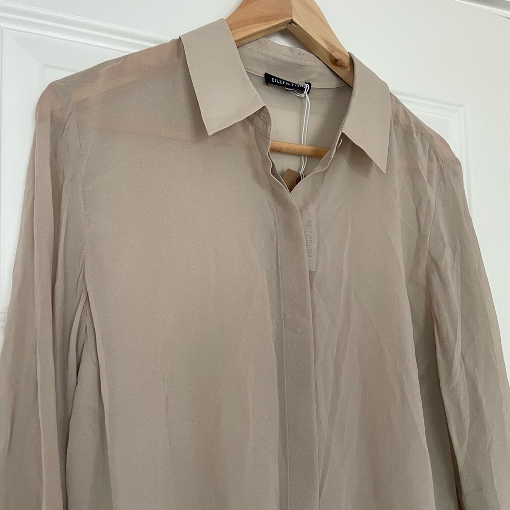 Eileen Fisher Sheer Silk Georgette Classic Collar Shirt, Dove, XS - Picture 8 of 9